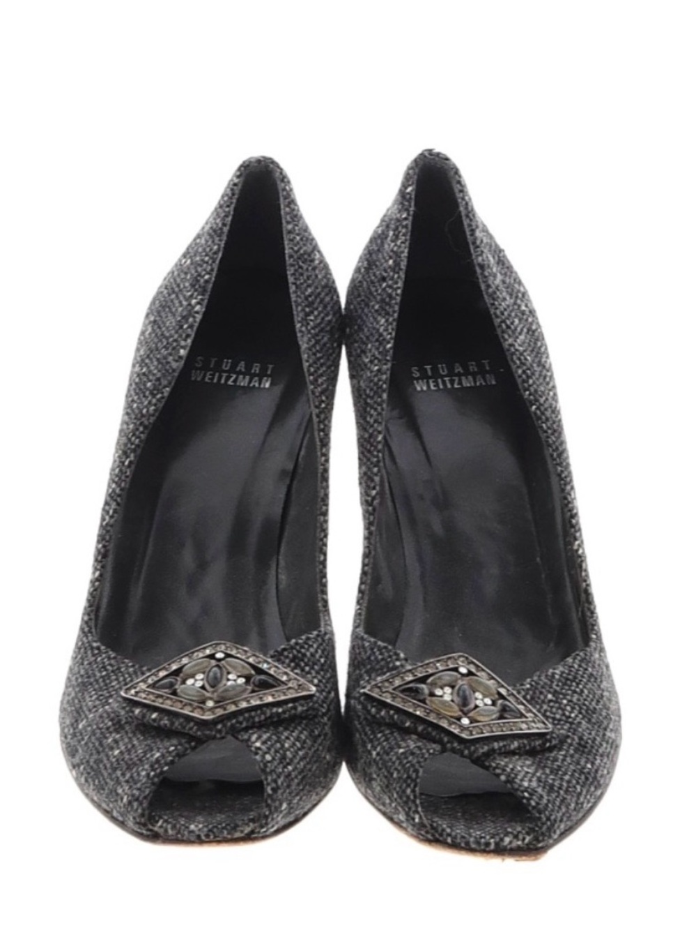Stuart Weitzman Gray Tweed Crystal Bow Peep-Toe Pumps Size 10